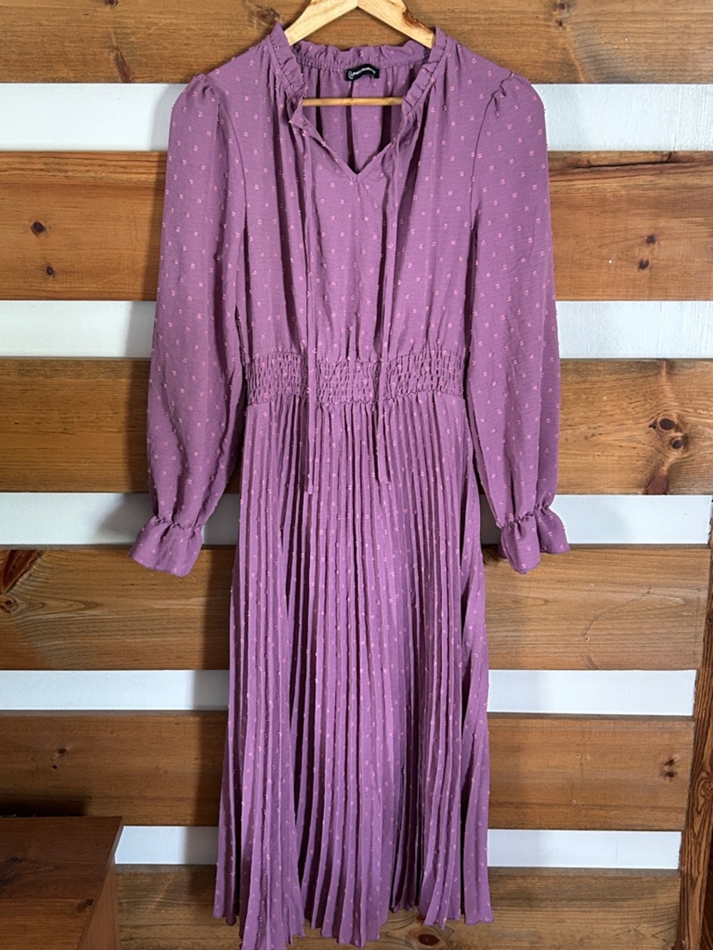 Pretty Garden Chic Elegant Swiss Dot Dress w/Neck Tie & Ruffle Sleeves Size S